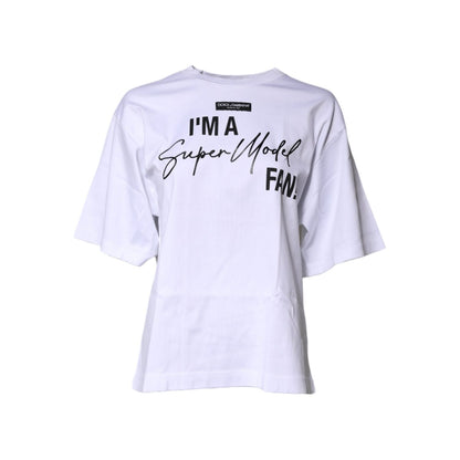 Dolce & Gabbana White Printed Cotton Round Neck Top T-shirt