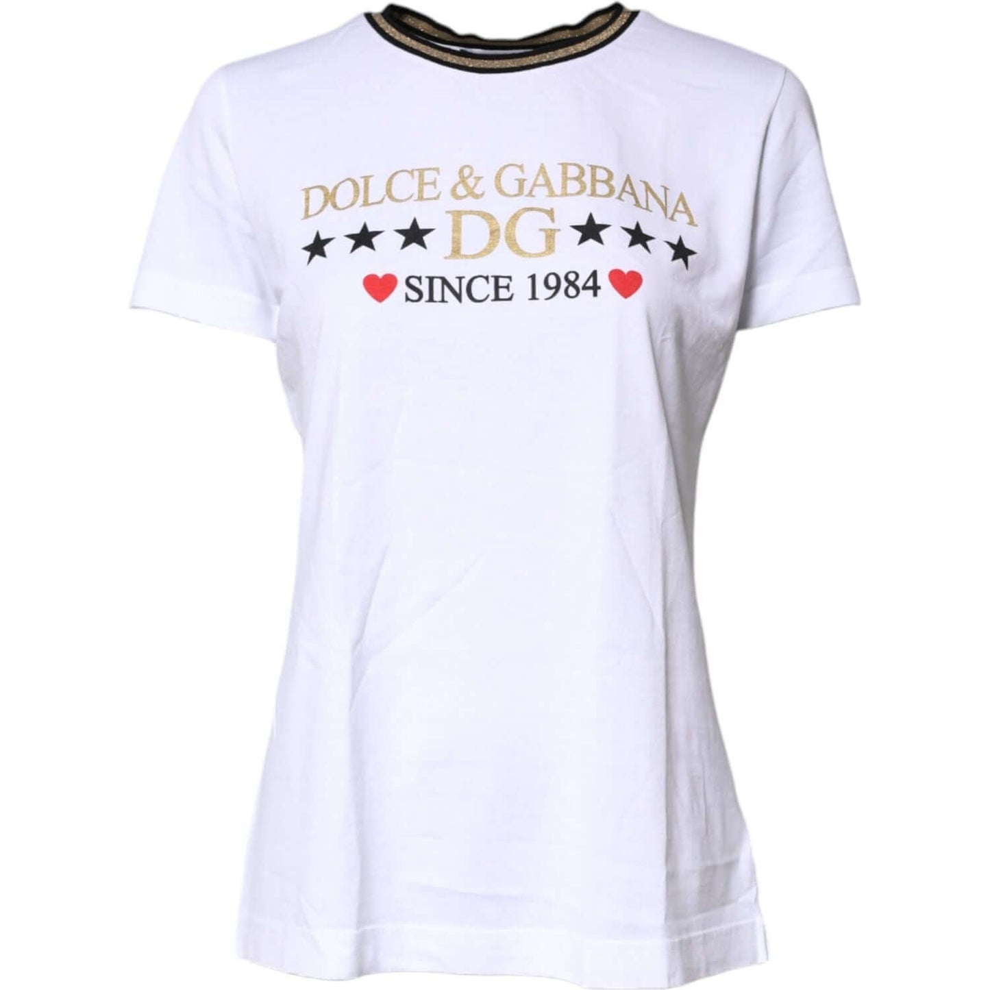 Dolce & Gabbana White Printed Round Neck Top Cotton T-shirt