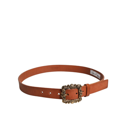Dolce & Gabbana Brown Leather Gold Metal Baroque Buckle Belt