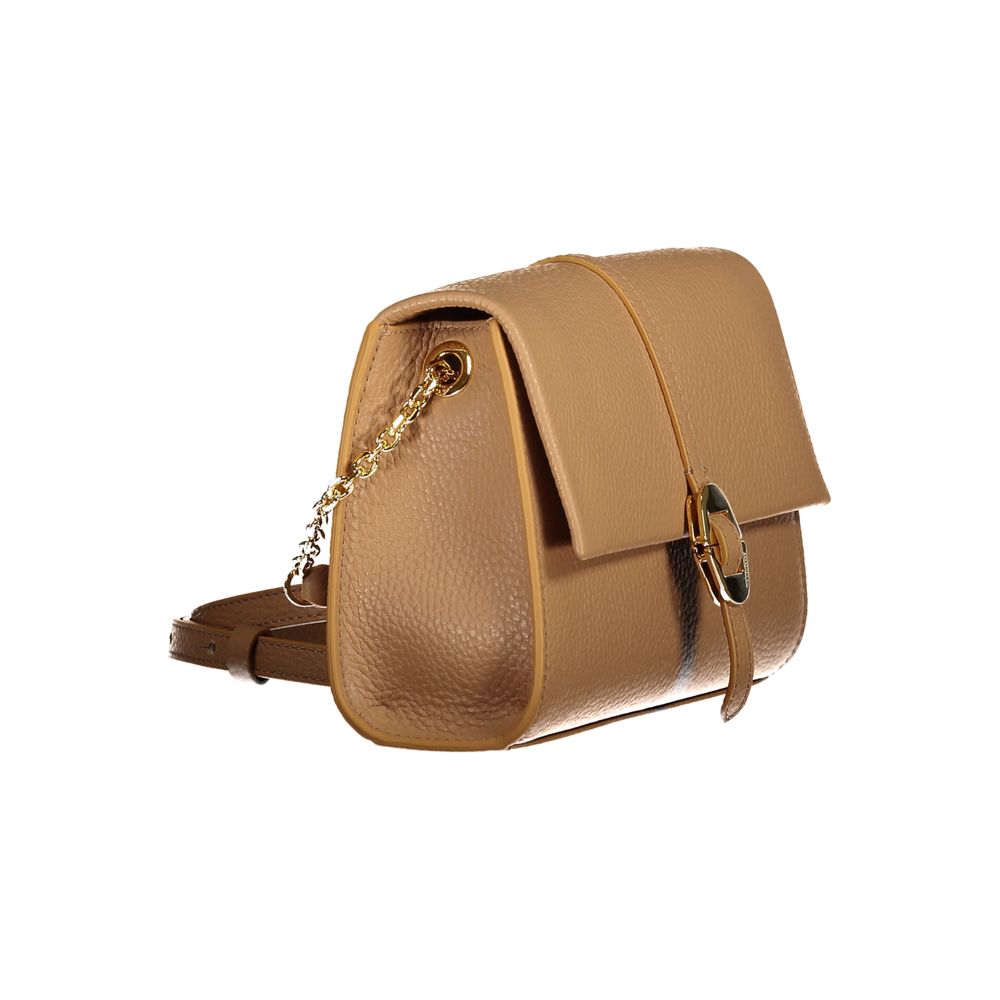Side view of Coccinelle Brown Leather Handbag with adjustable shoulder strap and logo, featuring automatic closure for easy access.