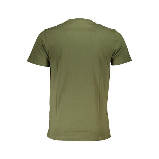 Cavalli Class green cotton t-shirt with short sleeves and round neck, featuring a logo print on the back.