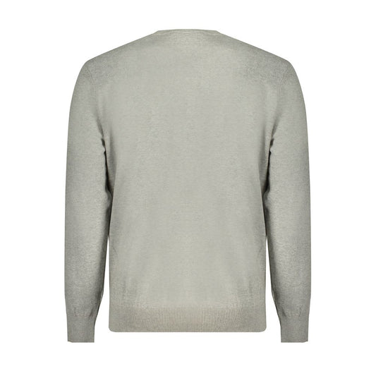 Back view of Timberland gray cotton sweater, long-sleeved, crew neck, with logo, made from 100% organic cotton.