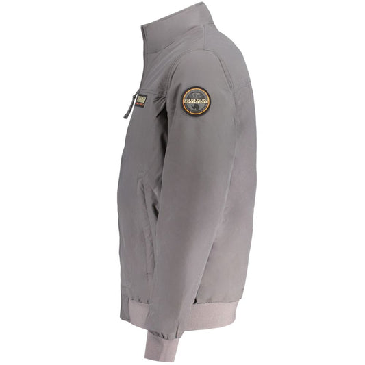 Napapijri gray polyamide jacket with long sleeves, regular fit, featuring 2 external and 1 internal pocket, logo patch, recycled materials