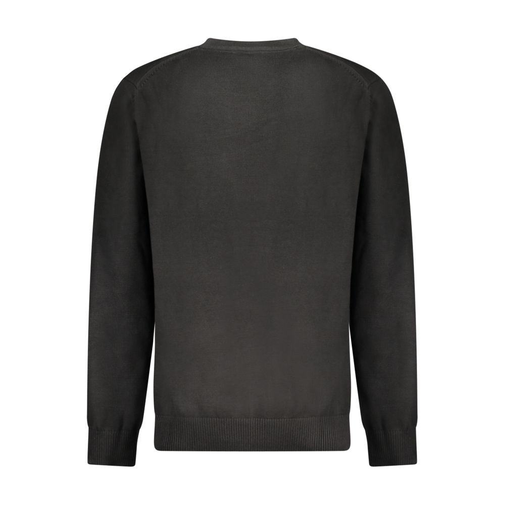 Back view of Calvin Klein Black Cotton Men Sweater with crew neck, showcasing sleek design and luxury embroidery for modern style.