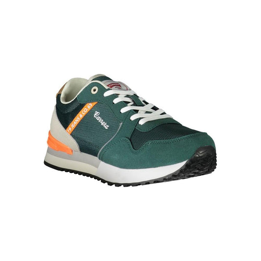 Carrera green polyester sneaker with laces, contrast details, and logo, sports footwear, side view on white background.