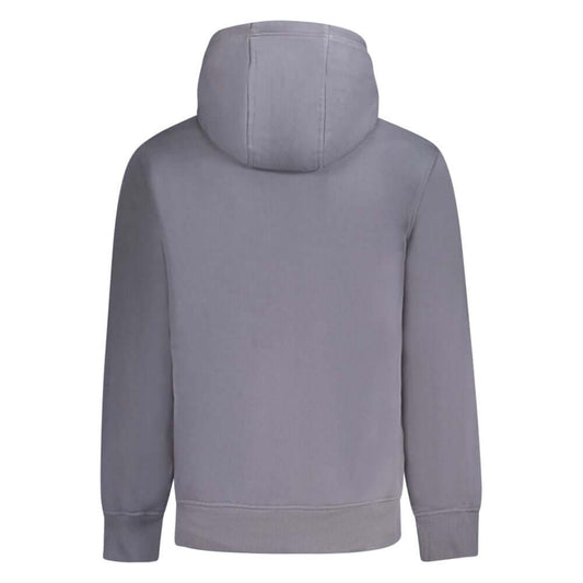 Back view of Calvin Klein blue cotton men’s sweater with hood and long sleeves.