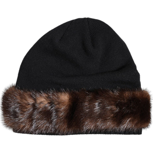 Dolce & Gabbana Black Fur Embellish Knitted Winter Beanie Hat