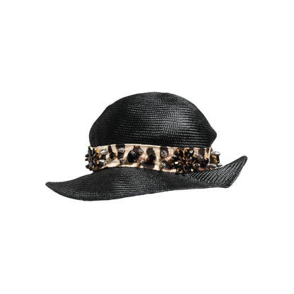 Dolce & Gabbana Black Straw Crystal Embellished Wide Brim Hat
