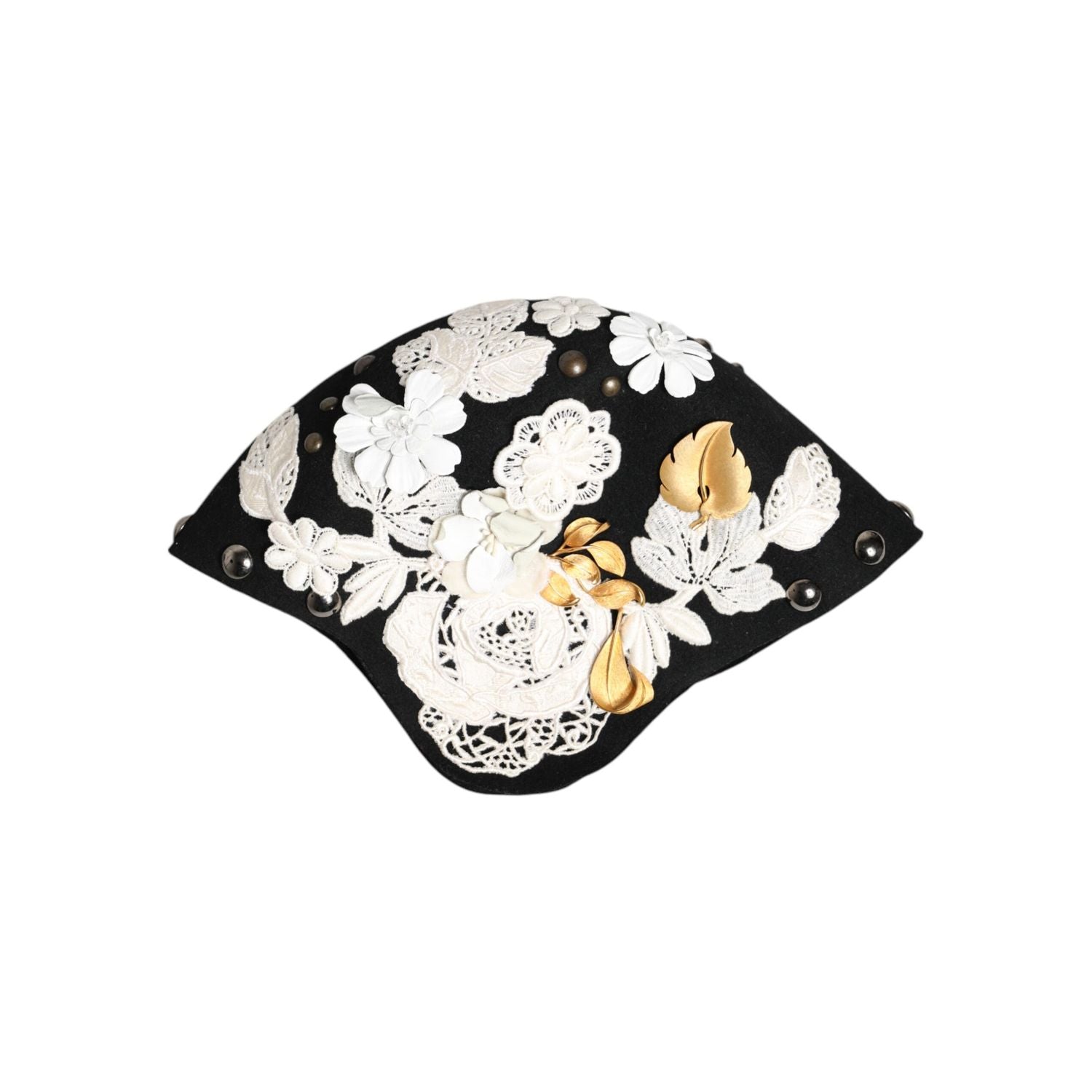 Dolce & Gabbana Black Wool White Floral Gold Leaf Cloche Hat