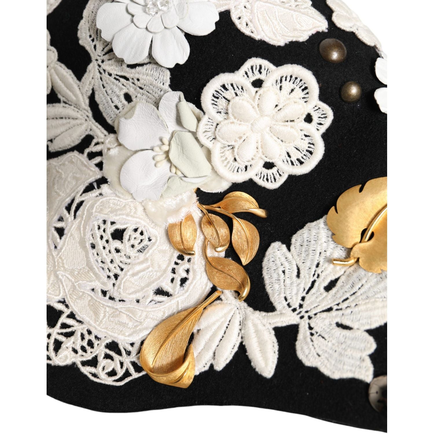Dolce & Gabbana Black Wool White Floral Gold Leaf Cloche Hat