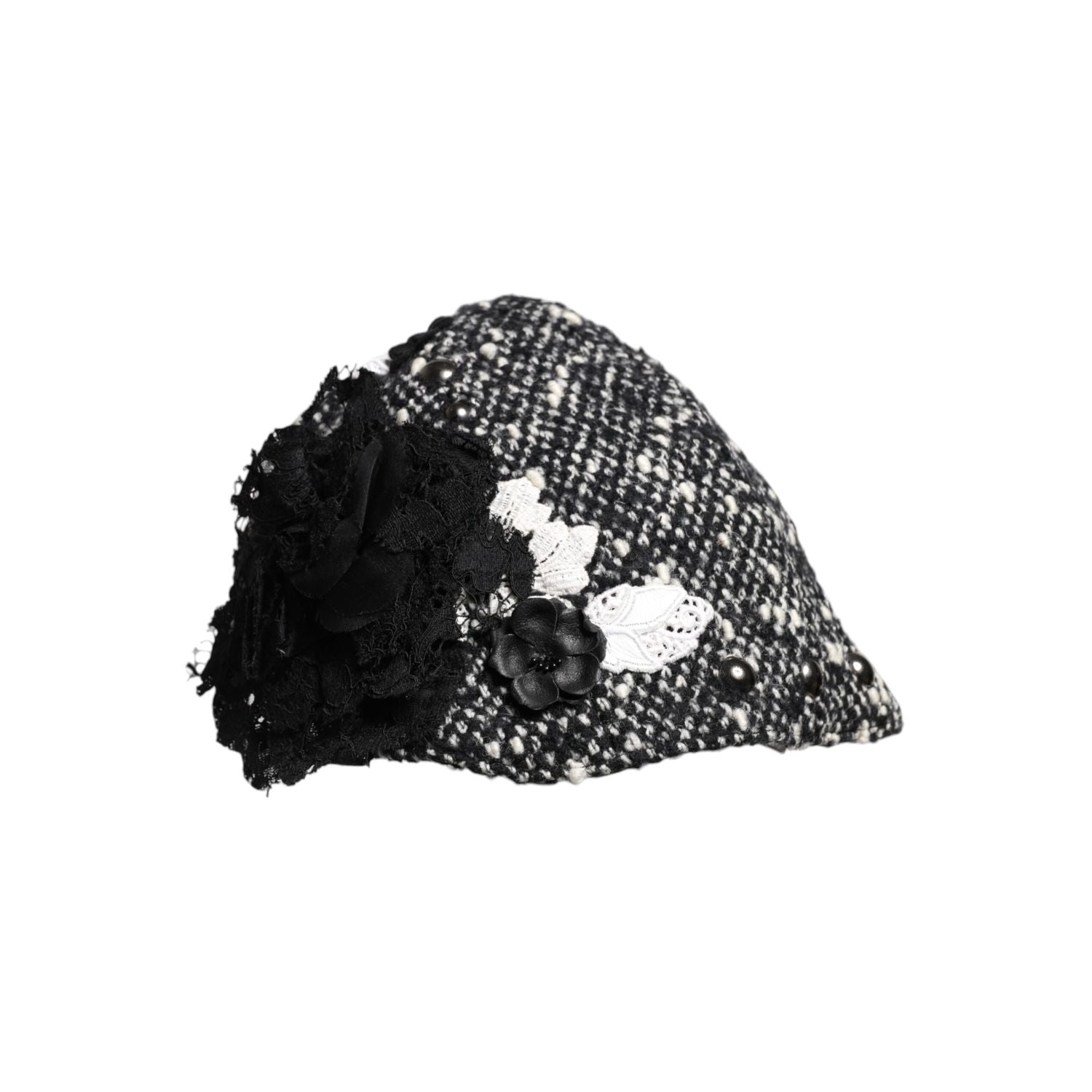 Dolce & Gabbana Black Wool White Floral Embellished Cloche Hat