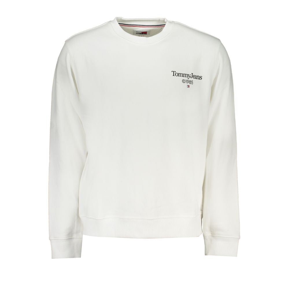 Tommy Hilfiger White Cotton Men Sweater with logo emblem on chest, showcasing casual style and sustainable fashion.