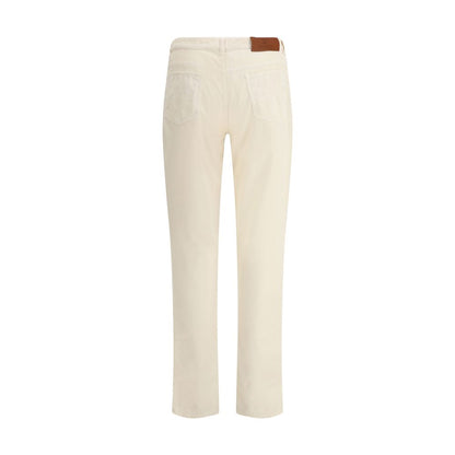 Brunello Cucinelli White Cotton Casual Pants with corduroy texture, five-pocket design, and logoed leather patch on back waistband.