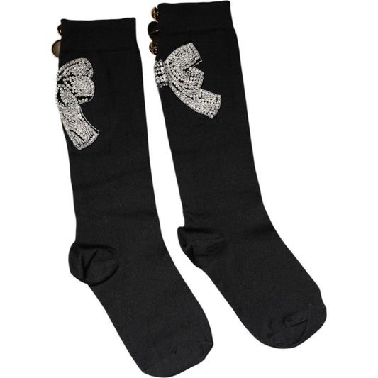 Dolce & Gabbana Black Knit Floral Crystal Embellishment Socks