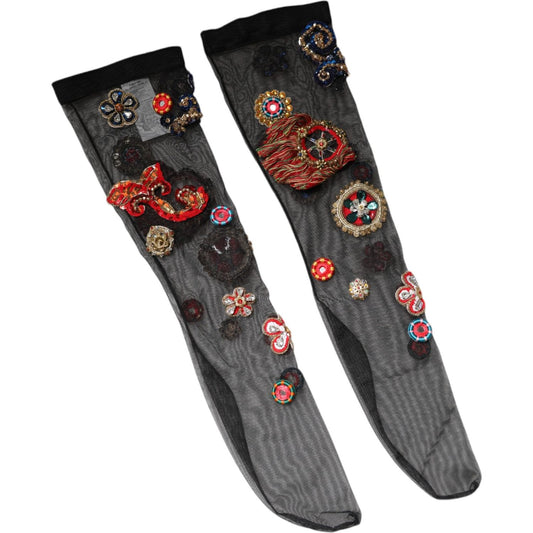 Dolce & Gabbana Black Stretch Carretto Crystal Stockings Socks