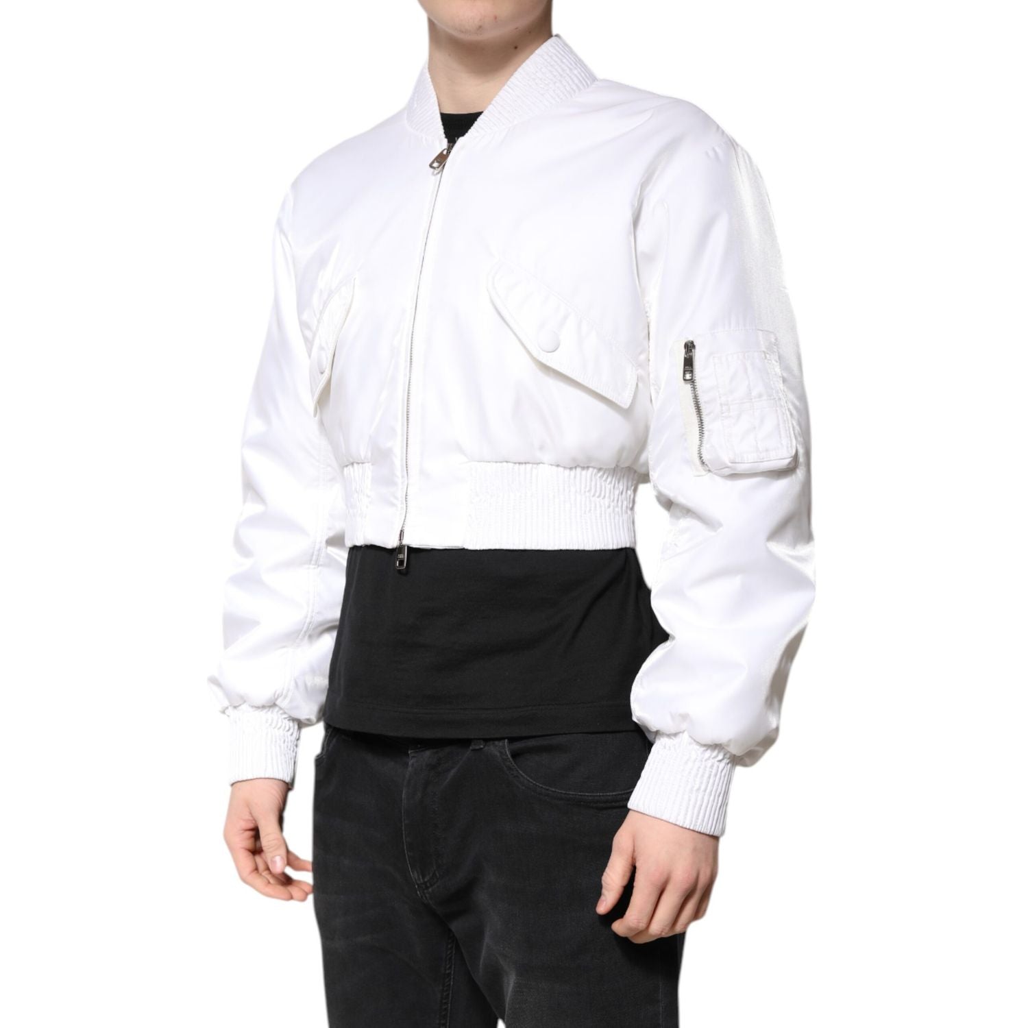 Dolce & Gabbana White Nylon Full Zip Cropped Bomber Jacket