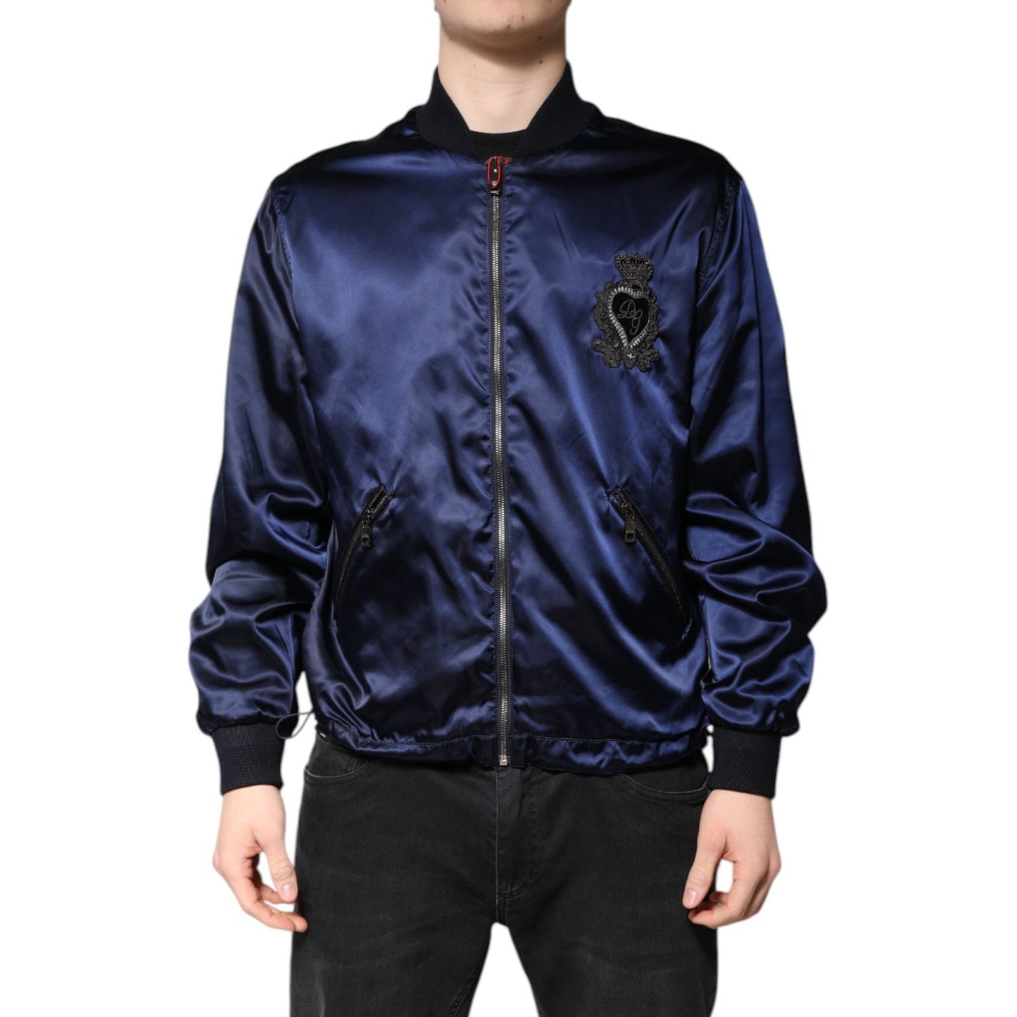 Dolce & Gabbana Blue Nylon DG Crown Full Zip Bomber Jacket