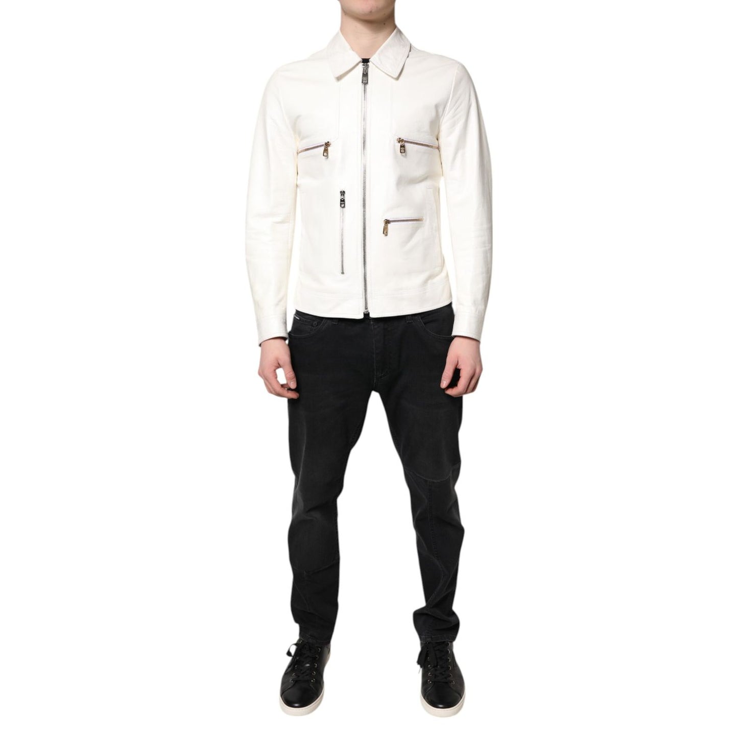 Dolce & Gabbana White Collared Full Zip Biker Coat Jacket