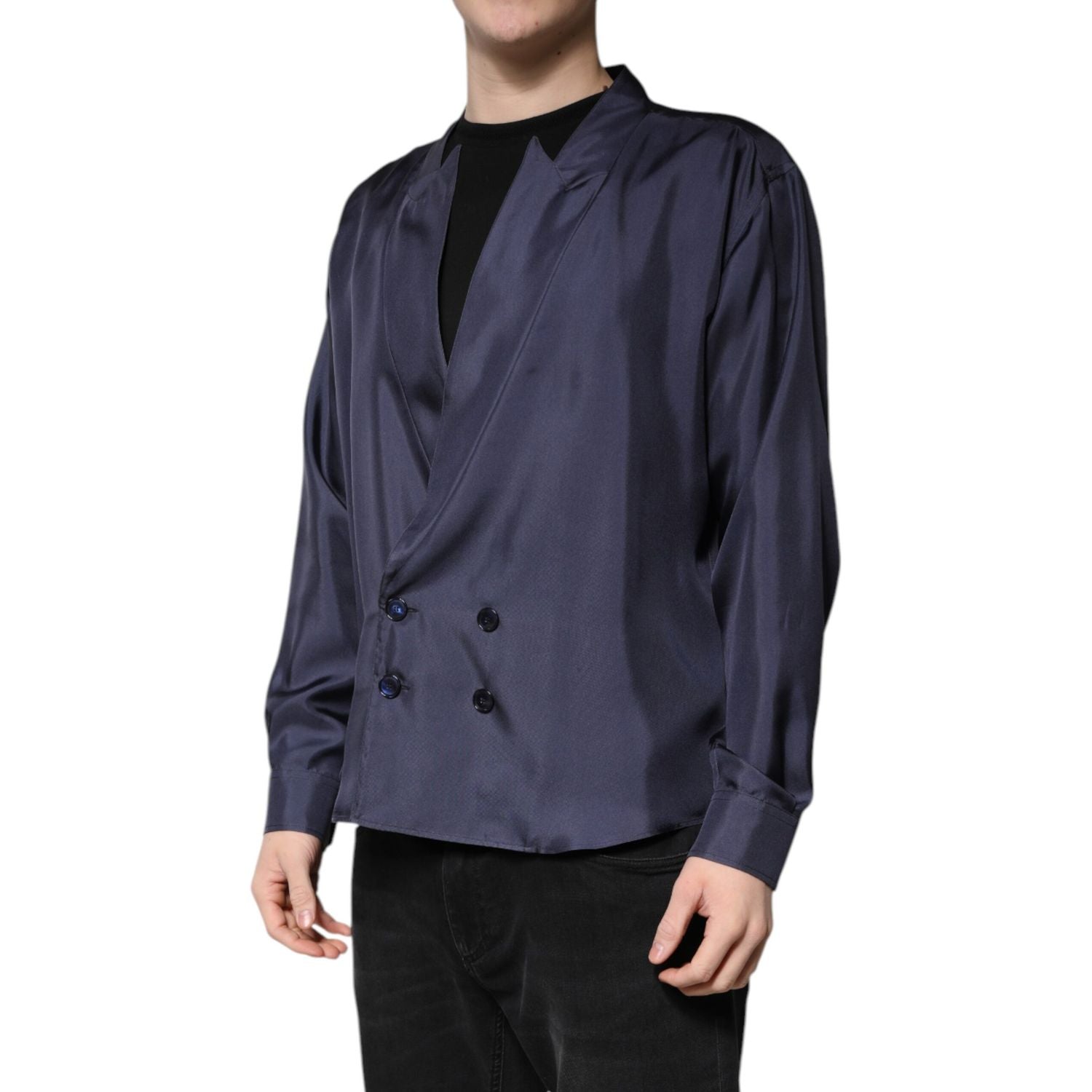 Dolce & Gabbana Dark Blue Silk Double Breasted Shirt