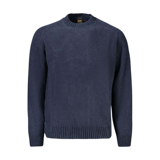 Hugo Boss blue cotton men's sweater, featuring stylish chenille texture and discreet logo, perfect for fashion-forward looks.