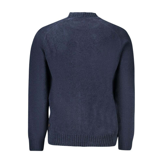 Hugo Boss blue cotton men's sweater, rear view, showcasing chenille fabric texture and simple design for a stylish and comfortable fit.