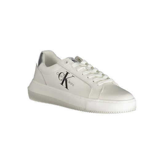 Calvin Klein white polyester sneaker with logo, featuring laces, contrast details, and 50% recycled thermoplastic rubber sole.