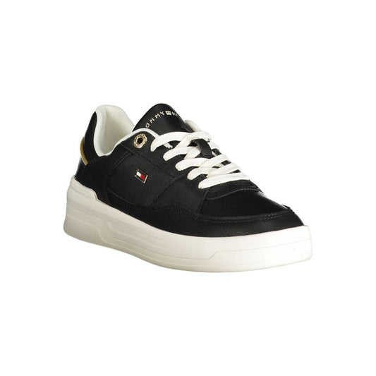 Tommy Hilfiger women's black sneaker with logo, combines polyester, leather, polyethylene for comfort and style with removable footbed.