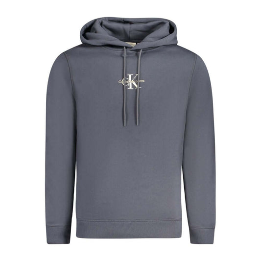 Calvin Klein blue cotton men’s sweater with logo embroidery, long sleeves, and hood, made sustainably in Egypt.