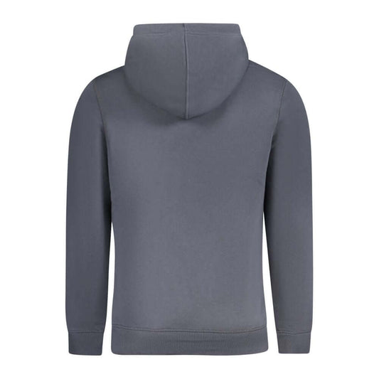 Back view of Calvin Klein blue cotton men's sweater with hood, showcasing stylish design and sustainable material blend.
