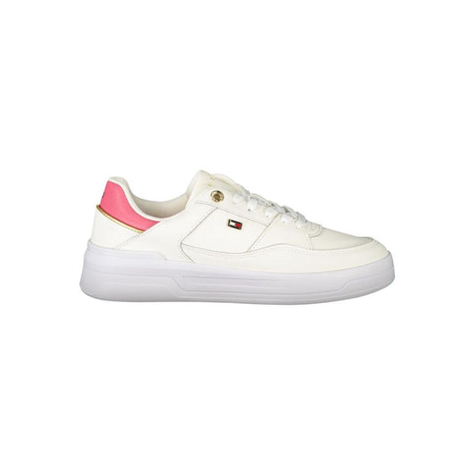 Tommy Hilfiger women's white sneaker with gold and fuchsia accents, featuring a removable insole and logo detail for style and comfort.