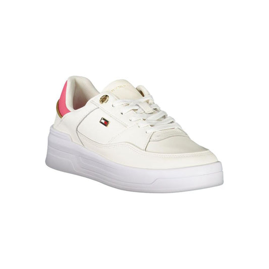 Tommy Hilfiger white sneaker with gold and fuchsia accents, featuring logo, women's footwear