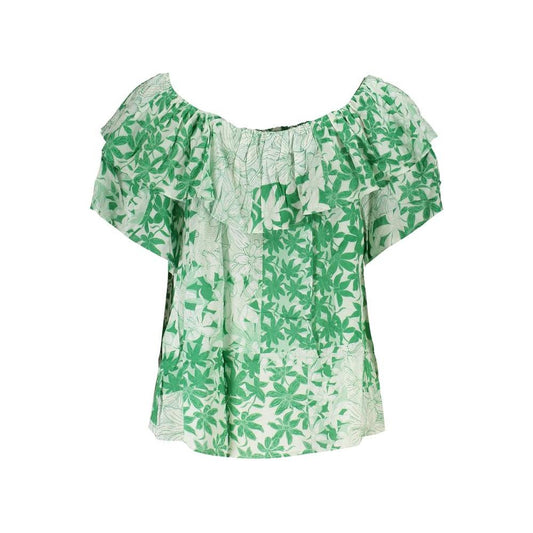 Desigual Green Boho Chic Patterned Tee with Logo, 100% Cotton, Boat Neck, Floral Design, Assured Comfort, Perfect for Bohemian Elegance