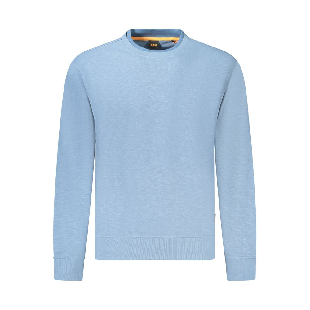 Hugo Boss Blue Cotton Men Sweater, long sleeve crew neck with iconic logo, sophisticated style in premium cotton, front view image.