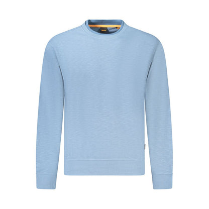 Hugo Boss Blue Cotton Men Sweater, long sleeve crew neck with iconic logo, sophisticated style in premium cotton, front view image.