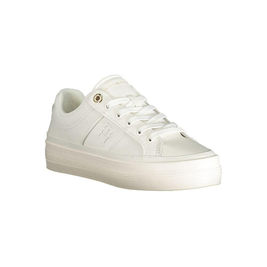 Tommy Hilfiger white polyethylene women's sneaker with signature logo, classic design, and removable footbed for comfort and style.