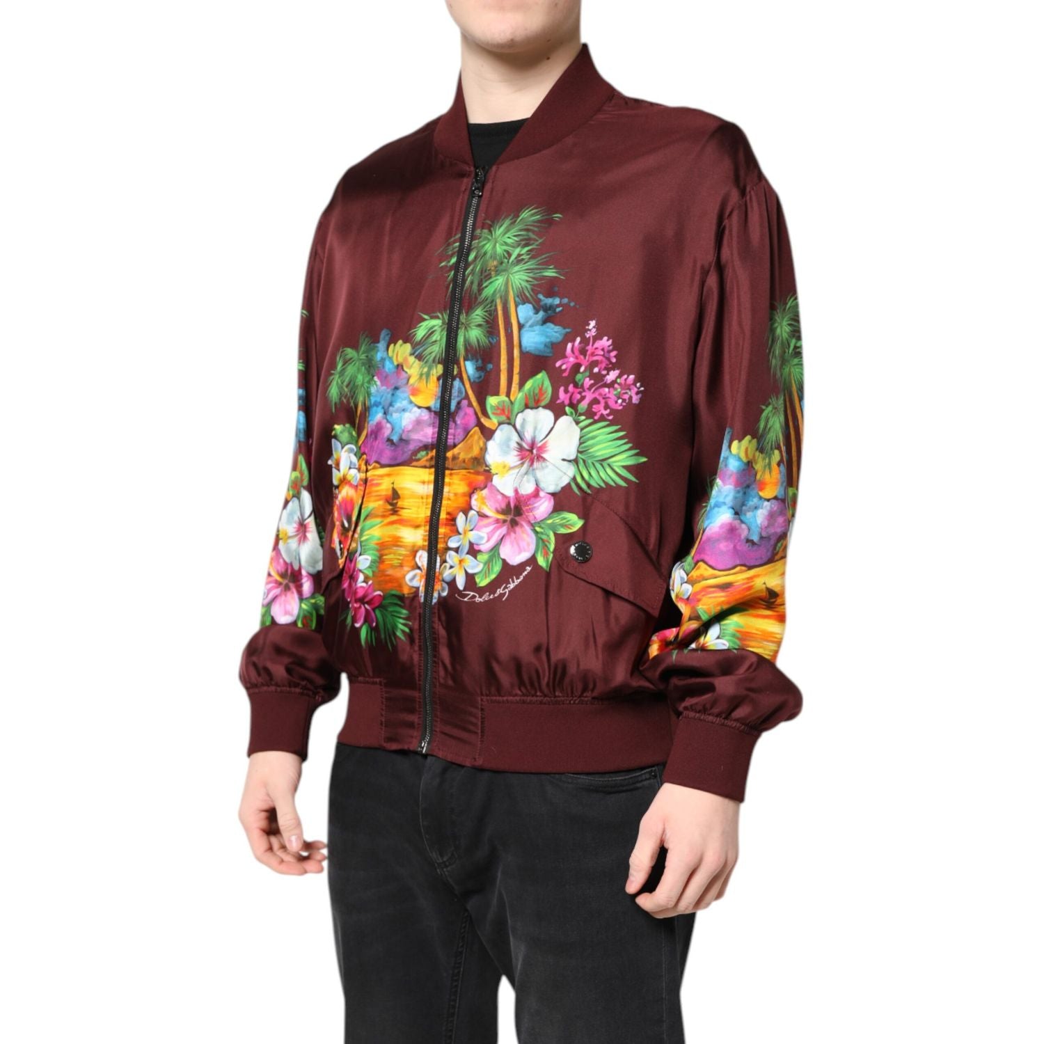 Dolce & Gabbana Maroon Floral Print Full Zip Bomber Jacket