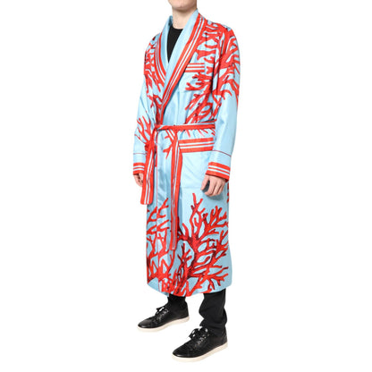 Dolce & Gabbana Blue Red Coral Print Wrap Robe Coat Jacket
