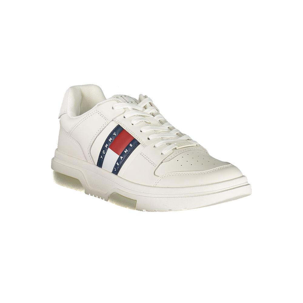 Tommy Hilfiger White Leather Men Sneaker with signature logo and athletic luxury design, enhancing sporty style with comfort and finesse.