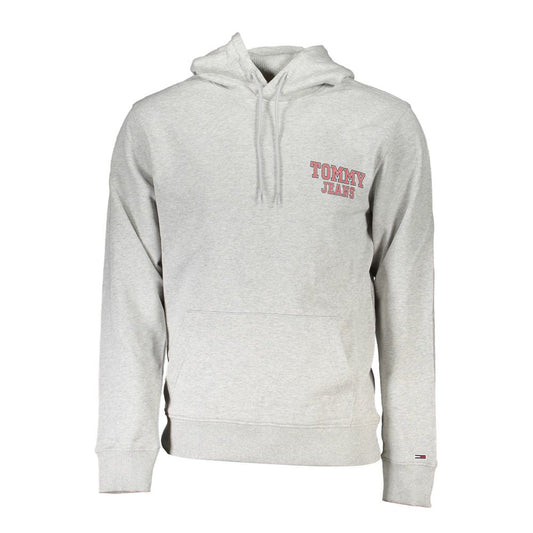 Tommy Hilfiger Gray Cotton Men Sweater, long-sleeved hooded, featuring Tommy logo and central pocket for cozy style.