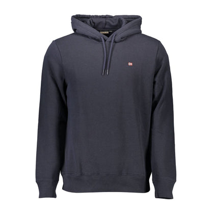 Napapijri Blue Organic Cotton Men Sweater with long sleeves and hoodie in deep blue color.