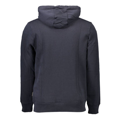 Back view of Napapijri Blue Organic Cotton Men Sweater, showcasing its comfortable hoodie design and deep blue color.