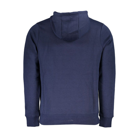 Back view of Norway 1963 blue cotton sweater with hood, fleece lining, long sleeves, and central pocket.
