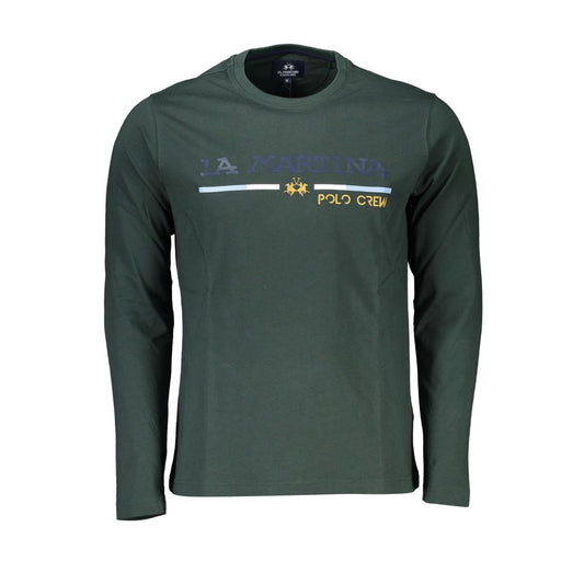 La Martina elegant green embroidered cotton tee with crew neck, long sleeves, and iconic logo for understated casual style