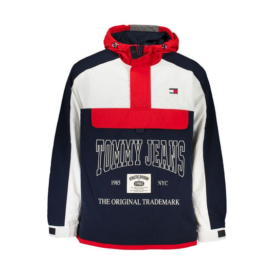 Tommy Hilfiger blue polyamide sports jacket with hood, featuring high central pocket, side zips, contrast details, and logo print.