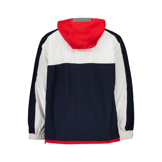 Tommy Hilfiger blue polyamide sports jacket with red hood, featuring side zips and contrast details, back view.