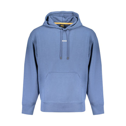 Hugo Boss Blue Cotton Men Sweater with hood, central pocket, and bold print; casual luxury from Hugo Boss, crafted for comfort and style.