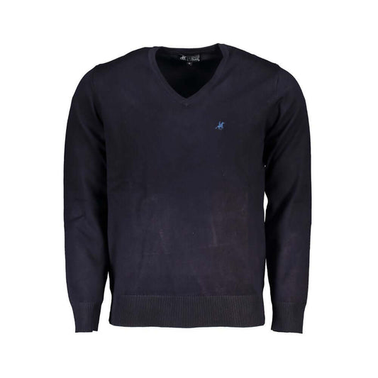 U.S. Grand Polo blue nylon V-neck sweater with logo embroidery, long sleeves, and overall shirt design. Perfect for casual wear.