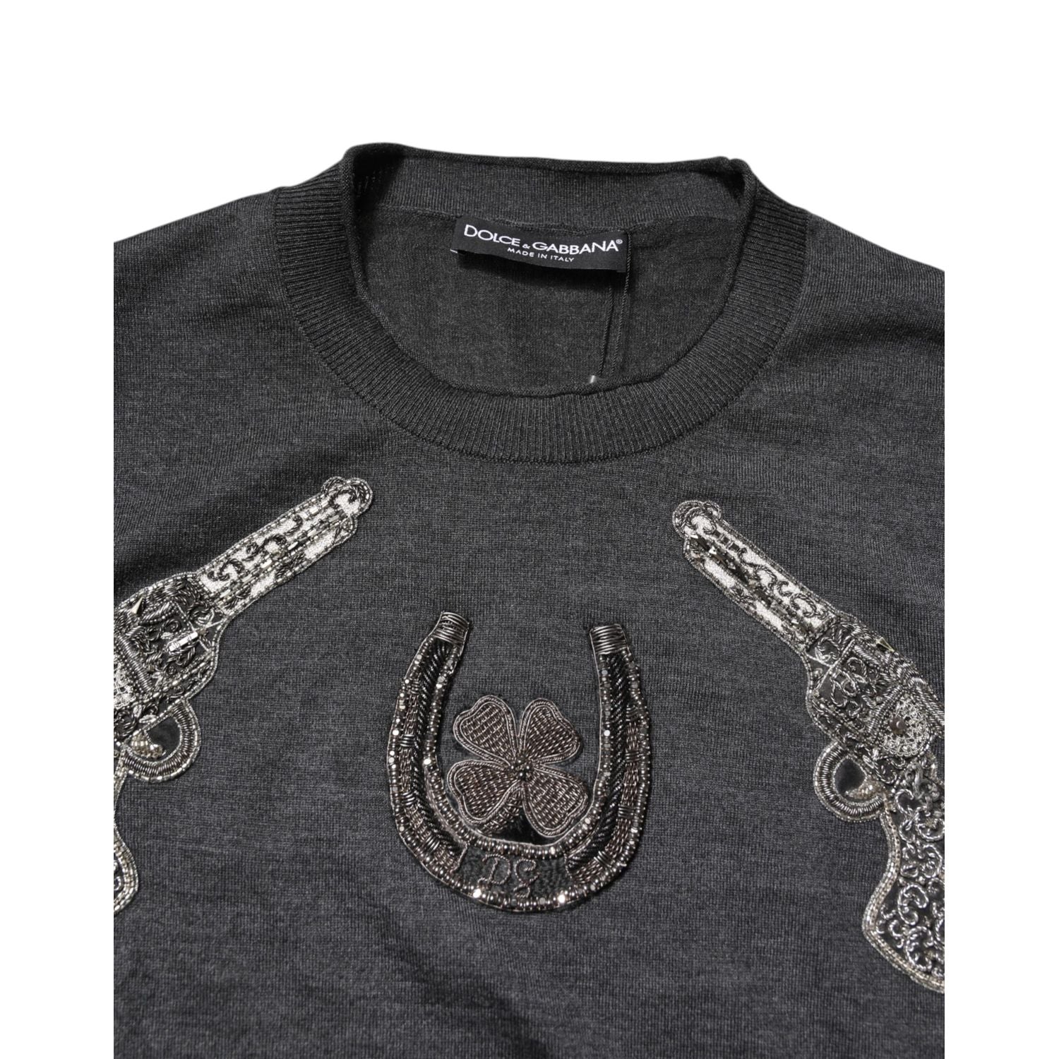 Dolce & Gabbana Gray Embroidery Knit Men Pullover Sweater