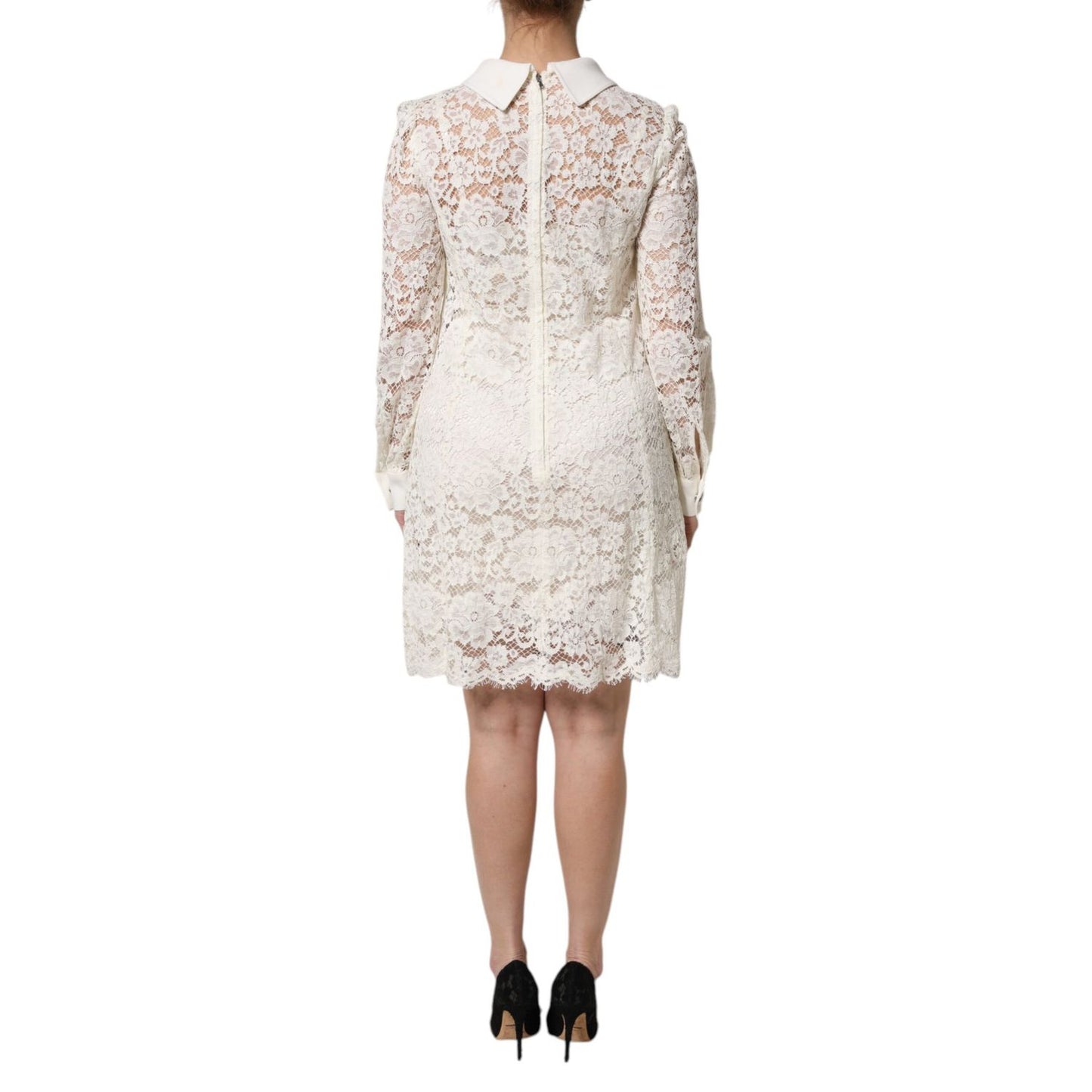 Dolce & Gabbana White Floral Lace Long Sleeves Shift Dress