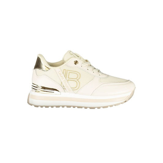 Laura Biagiotti beige women's sneaker with gold details and logo, designed for comfort and style.